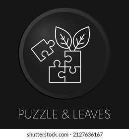 Puzzle and leaves minimal vector line icon on 3D button isolated on black background. Premium Vector.