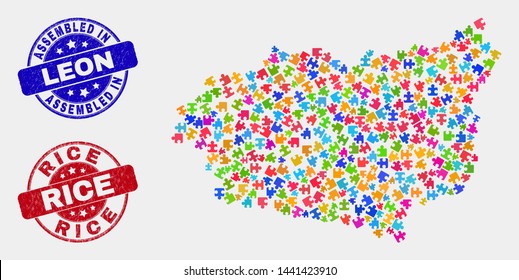 Puzzle Leon Province map and blue Assembled seal stamp, and Rice distress seal stamp. Bright vector Leon Province map mosaic of plugin components. Red round Rice seal.