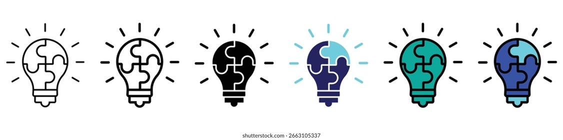 Conjunto de iconos de bombilla de luz de rompecabezas: idea creativa, innovación y concepto de resolución de problemas