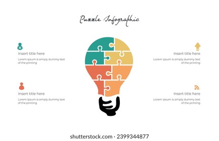 Puzzle light bulb infographic. idea creative process concept. thinking brainstorm. 4 elements step to success symbol. can be used for workflow layout, presentation. vector modern flat design.