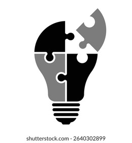 Puzzle light bulb vector illustration. Idea, creativity, innovation, problem solving, teamwork, business strategy, logo design element. Black and gray silhouette on white background.