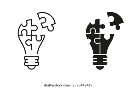 Puzzle in Lightbulb Shape Line and Silhouette Icon Set. Jigsaw and Light Bulb, Inspiration for Innovation Pictogram. Editable Stroke. Isolated Vector Illustration.