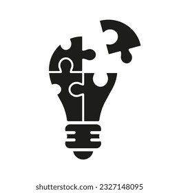 Puzzle in Lightbulb Shape Silhouette Icon. Creative Idea Concept. Success Strategy Solid Sign. Jigsaw and Light Bulb, Innovation and Inspiration Glyph Pictogram. Isolated Vector Illustration.