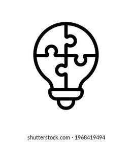 Puzzle lightbulb, team idea, simple icon. Black linear icon with editable stroke on white background