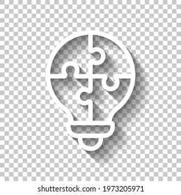 Puzzle lightbulb, team idea, simple icon. White linear icon with editable stroke and shadow on transparent background