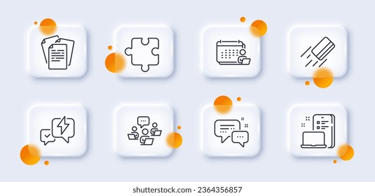 Puzzle, Lightning bolt and Teamwork line icons pack. 3d glass buttons with blurred circles. Device, Accounting, Documents web icon. Credit card, Employees messenger pictogram. Vector