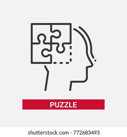 Puzzle - line design single isolated icon on white background with description. High quality black pictogram, emblem. Metaphorical image of a head silhouette. Game and problem solving concept