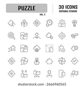 Conjunto de ícones editáveis da linha de quebra- cabeça. Contendo Quebra-cabeça, ajuste, resolver, peça, ideia, equipe e muito mais. Ilustração vetorial