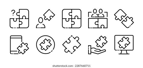 Puzzle. Line icon, black, different puzzles. Vector icons.