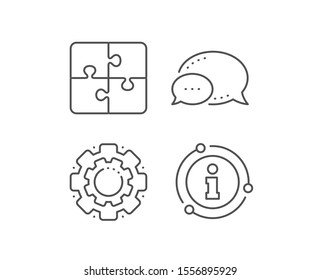 Puzzle line icon. Chat bubble, info sign elements. Engineering strategy sign. Linear puzzle outline icon. Information bubble. Vector