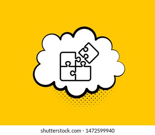 Puzzle line icon. Comic speech bubble. Engineering strategy sign. Yellow background with chat bubble. Puzzle icon. Colorful banner. Vector