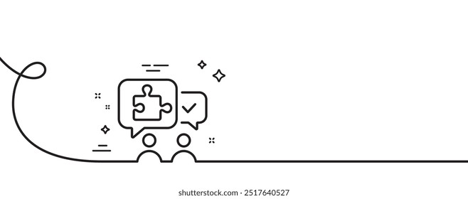 Puzzle line icon. Continuous one line with curl. Jigsaw piece with chat bubbles sign. Business challenge symbol. Puzzle single outline ribbon. Loop curve pattern. Vector