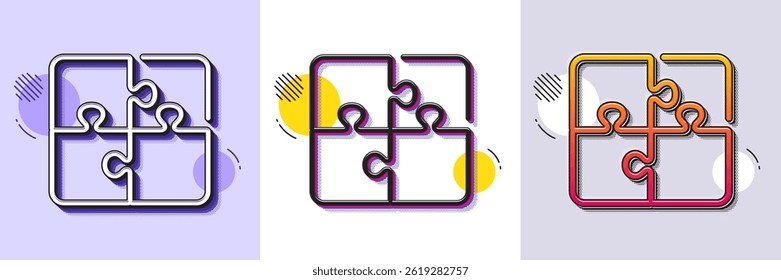 Puzzle line icon. Halftone dotted pattern. Gradient icon with grain shadow. Engineering strategy sign. Line puzzle icon. Various designs. Vector