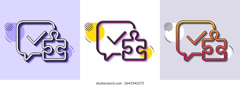 Puzzle line icon. Halftone dotted pattern. Gradient icon with grain shadow. Jigsaw piece with chat bubble sign. Business challenge symbol. Line puzzle icon. Various designs. Vector
