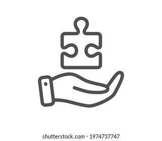 Puzzle line icon. Hand with Jigsaw piece sign. Business challenge symbol. Quality design element. Linear style puzzle icon. Editable stroke. Vector