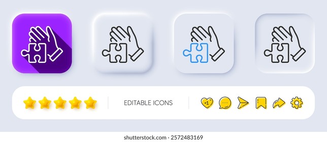 Puzzle line icon. Neumorphic, Flat shadow, 3d buttons. Hand with Jigsaw piece sign. Business challenge symbol. Line puzzle icon. Social media icons. Vector