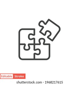 Icono de la línea de rompecabezas. Estilo de contorno simple. Símbolo jigsaw, pictograma, sencillo, pieza, negocio, diseño de logotipo de trabajo en equipo. Ilustración vectorial aislada en fondo blanco. EPS de trazo editable 10.