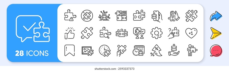 Puzzle line icons. Interest rate, AI generate, Inflation icons. Jigsaw Challenge time, Business Strategy, Puzzle Pieces icons. Solution, Decide or Solve piece of problem and Teamwork idea. Vector