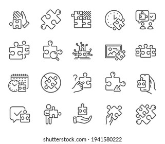 Puzzle line icons. Jigsaw Challenge time, Business Strategy, Puzzle Pieces icons. Solution, Decide or Solve piece of problem and Teamwork idea. Jigsaw game time, Solution options. Vector