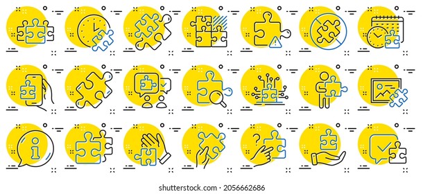 Puzzle line icons. Jigsaw Challenge time, Business Strategy, Puzzle Pieces icons. Solution, Decide or Solve piece of problem and Teamwork idea. Jigsaw game time, Solution options. Vector