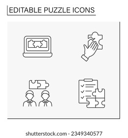 Puzzle line icons set. Intellectual game. Team building. Cooperation concepts. Isolated vector illustrations. Editable stroke