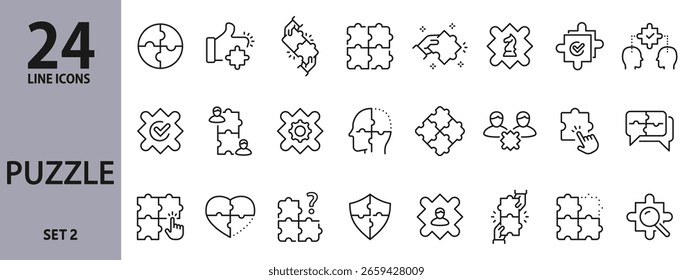 Conjunto de iconos de línea de rompecabezas con solución, rompecabezas, estrategia, conexión, cerebro, pieza, éxito y más. Trazo editable