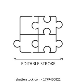 Puzzle linear icon. Jigsaw to solve problem. Metaphor for teamwork. Solution for game. Thin line customizable illustration. Contour symbol. Vector isolated outline drawing. Editable stroke