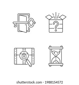 Puzzle linear icons set. Find key to get out. Mystery box. Time countdown. Clues for riddle. Customizable thin line contour symbols. Isolated vector outline illustrations. Editable stroke