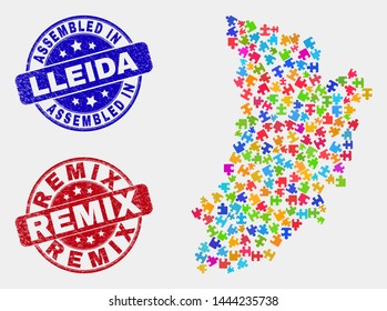 Puzzle Lleida Province map and blue Assembled seal stamp, and Remix grunge seal stamp. Bright vector Lleida Province map mosaic of bundle items. Red rounded Remix rubber.