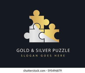 Puzzle logo template. Gold and Silver