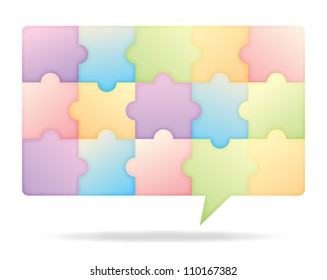 Puzzle looking chat bubble of various colors, illustrating teamwork and united voices.