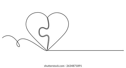 Rompecabezas con el dibujo continuo de una línea del amor, icono del rompecabezas del amor del amor, dibujo de una línea del rompecabezas del amor del corazón, Ilustración vectorial profesional del contorno y concepto mínimo, dibujo profesional simple y fondo blanco. 