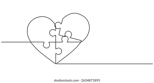 Puzzle with love continuous one line drawing, Love Puzzle icon, Heart love puzzle one line drawing, outline pro vector illustration and minimal concept, simple pro drawing and white background. 