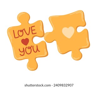 Puzzle with love. Two pieces matched jigsaw. Romantic element. Concept of perfect couple, love, complement each other. vector Illustration for valentine card, wedding, romantic banner. 