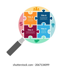 Puzzle magnifier sign. Scientific research Infographic. Analysis zoom tool. Info graphic data visualization. Vector illustration slide template. 