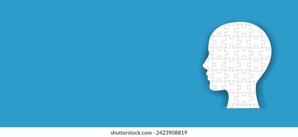 Puzzle Man Head Symbol einzeln auf blauem Banner mit Farbverlauf-Mesh, Vektorgrafik