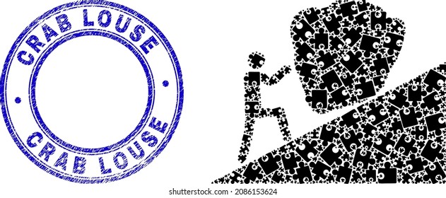Puzzle man rolling stone up mosaic icon with Crab Louse stamp. Blue vector round grunge stamp with Crab Louse caption. Abstract mosaic of man rolling stone up icon composed of puzzle plug-ins.