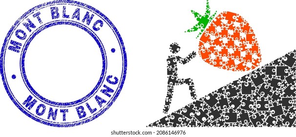 Puzzle man rolling strawberry up mosaic pictogram with Mont Blanc seal stamp. Blue vector rounded grunge seal stamp with Mont Blanc phrase.