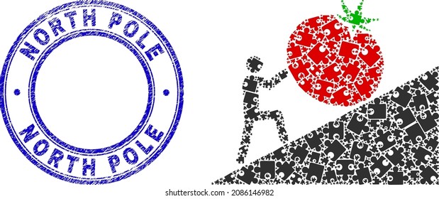 Puzzle man rolling tomato up mosaic icon and North Pole seal stamp. Blue vector rounded textured seal stamp with North Pole phrase.