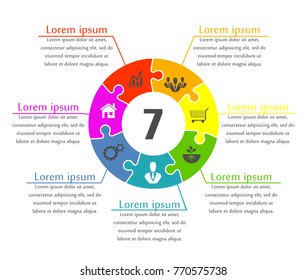 Puzzle many piece business presentation. Circle puzzles infograph. Section compare banner background. Any puzzle step round process diagram. Vector infographic banner