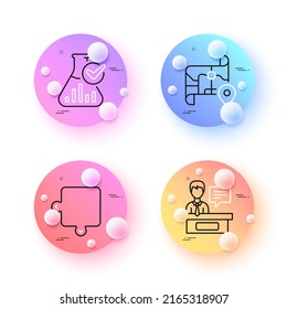 Puzzle, Map and Chemistry lab minimal line icons. 3d spheres or balls buttons. Exhibitors icons. For web, application, printing. Puzzle piece, Journey road, Laboratory flask. Information desk. Vector
