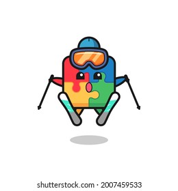 puzzle mascot character as a ski player , cute style design for t shirt, sticker, logo element