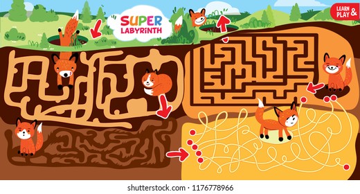 Puzzle maze game for kids. Super labyrinth consists several stages underground. Help fox get out of hole. Vector isolated illustration. Hand draw logic toy for development kids