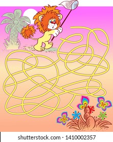 Puzzle maze with lion cub that needs help to catch butterflies. Vector illustration for educational and entertainment programs for children.