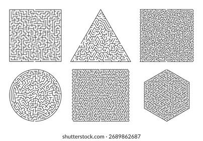 Puzzle-Labyrinth in quadratischen, dreieckigen und kreisförmigen geometrischen Formen. Vektorgrafik