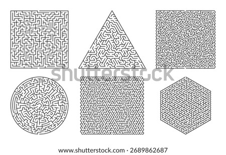 Puzzle maze set in square, triangle, and circular geometric shapes. Vector illustration