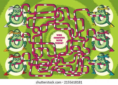 Puzzle maze with several athletes avocado who pull the rope. Vector illustration for children.