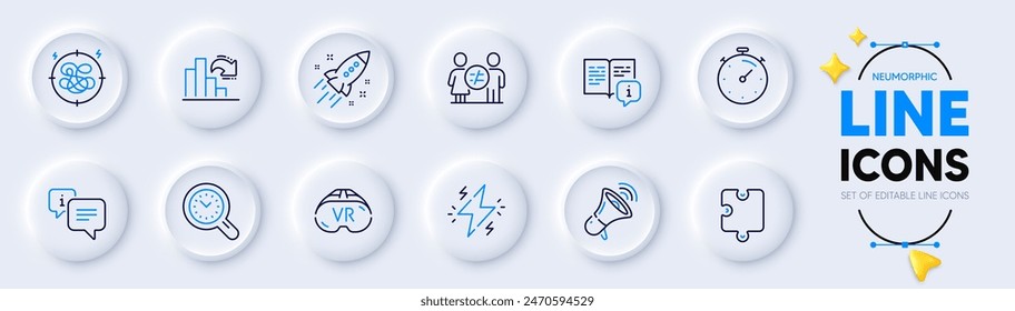 Puzzle, Megaphone and Info line icons for web app. Pack of Time management, Stress, Power pictogram icons. Vr, Manual, Decreasing graph signs. Startup rocket, Discrimination, Timer. Vector