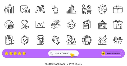 Puzzle, Metro subway and Handbag line icons for web app. Pack of Patient, Doctor, Wash hands pictogram icons. Circus tent, Report document, Business statistics signs. Clapping hands. Vector