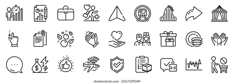 Puzzle, Metro subway and Handbag line icons pack. Share, Message, Paper plane icons. Patient, Doctor, Wash hands web icon. Circus tent, Report document, Business statistics pictogram. Vector